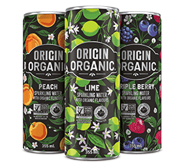 Origin Organic Sparkling Water cans in three flavours